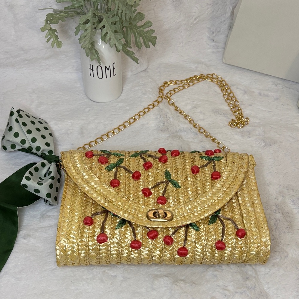 Woven Light Weight Cherry-Embellished Shoulder Bag